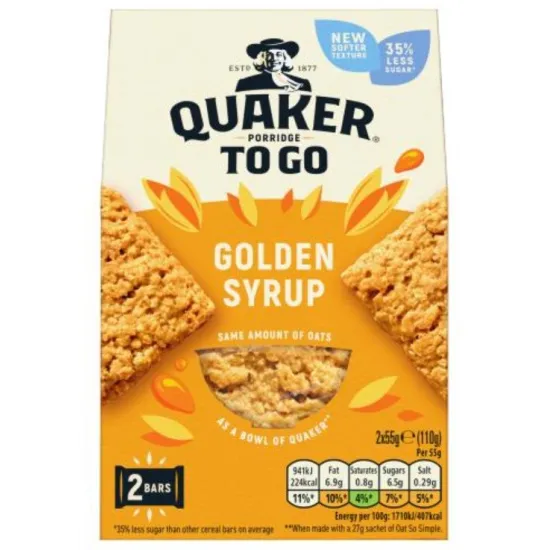 Quaker Porridge To Go Golden Syrup Breakfast Bars 2x55g
