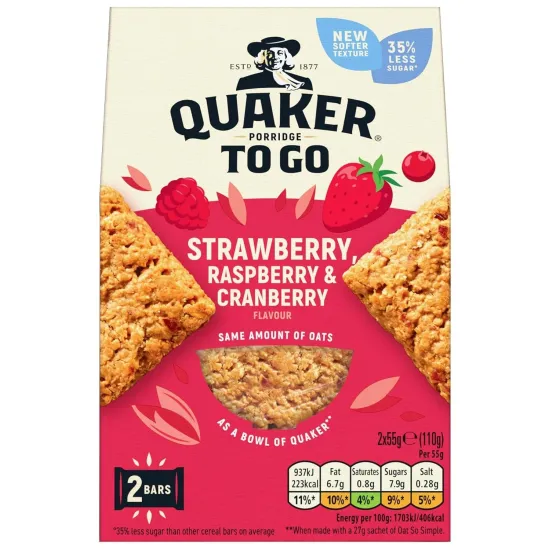 Quaker Porridge To Go Mixed Berries Breakfast Bars 2x55g