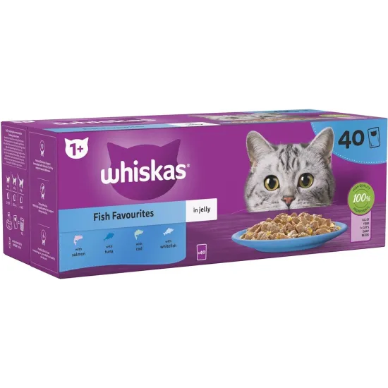 Whiskas 1+ Cat Pouches Fish Selection in Jelly 12x100g pk with Whiskas Pure Delight 85g sample