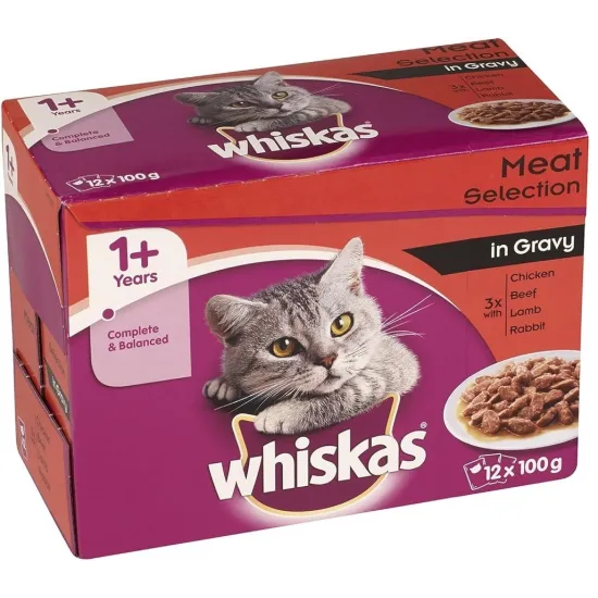Whiskas 1+ Cat Pouches Poultry Selection in Gravy 12x100g pk with Whiskas Pure Delight 85g sample