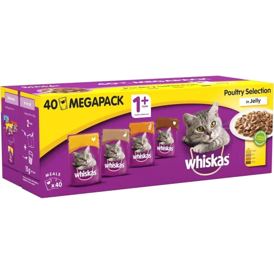 Whiskas 1+ Cat Pouches Poultry Selection in Jelly 12x100g pk with Whiskas Pure Delight 85g sample
