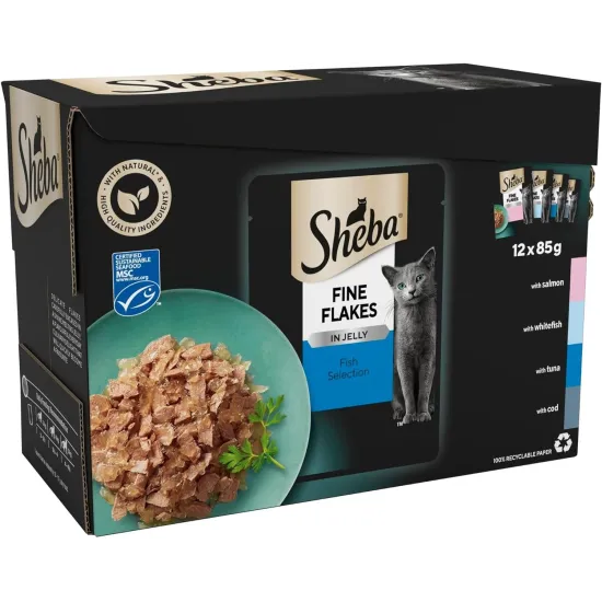 Sheba Fine Flakes Cat Pouches Fish Collection in Jelly 12x85g pack