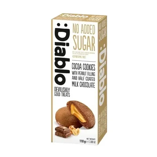 Diablo No Added Sugar Cocoa Cookies with peanut filling and half coated milk Chocolate 110g