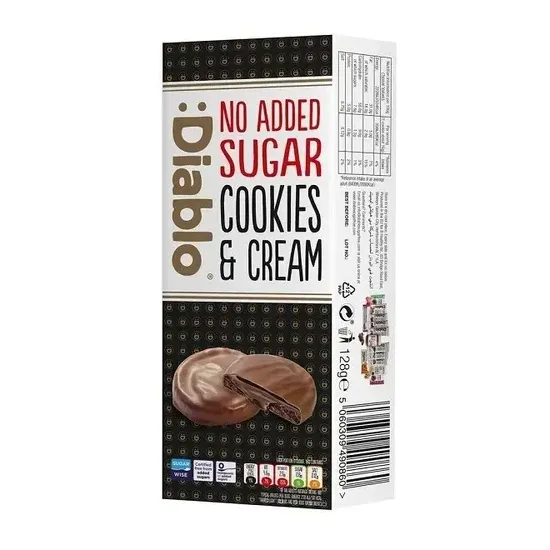 Diablo No Added Sugar  Dark Chocolate coated & Cream Cookies 128g