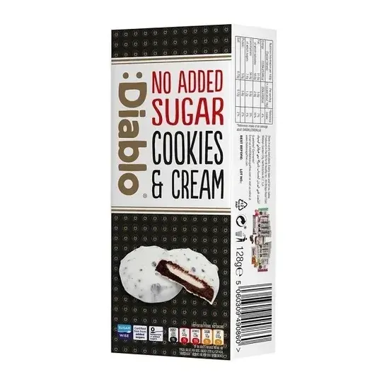 Diablo No Added Sugar  White Chocolate coated & Cream Cookies 128g