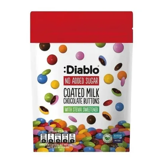 Diablo No Added Sugar Coated Milk Chocolate Buttons 40g  (Stevia)